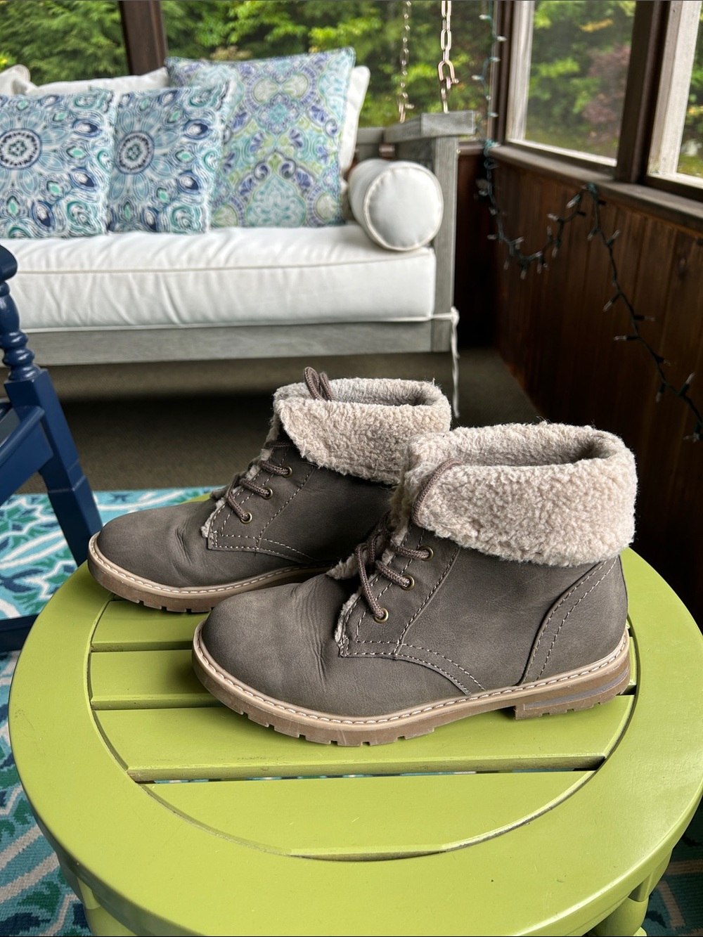 Sonoma Gray Faux-Shearling Lace-Up Ankle Boots
